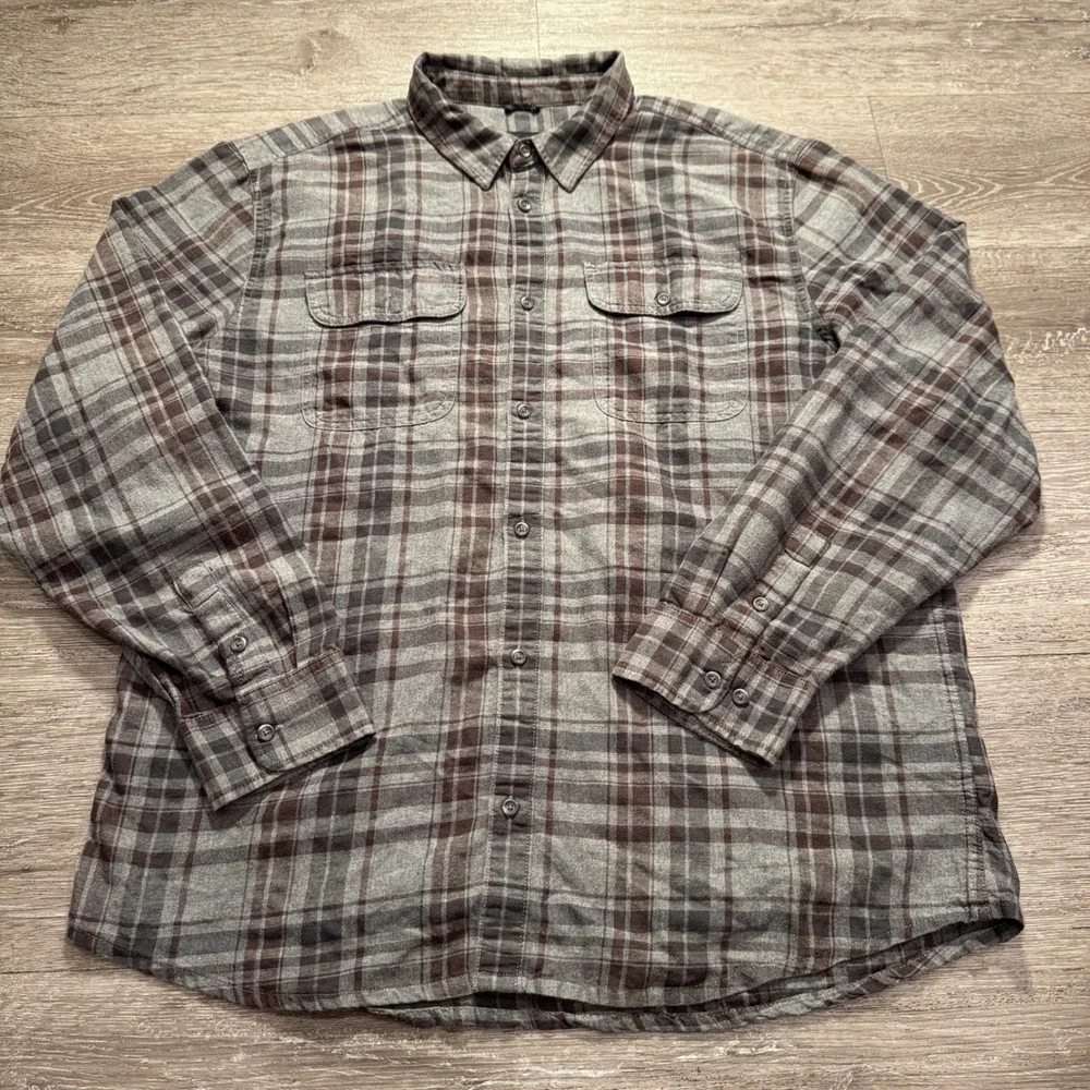 Prana Shirt Mens XL Gray Brown Plaid Flannel Organic Cotton Outdoor Heritage